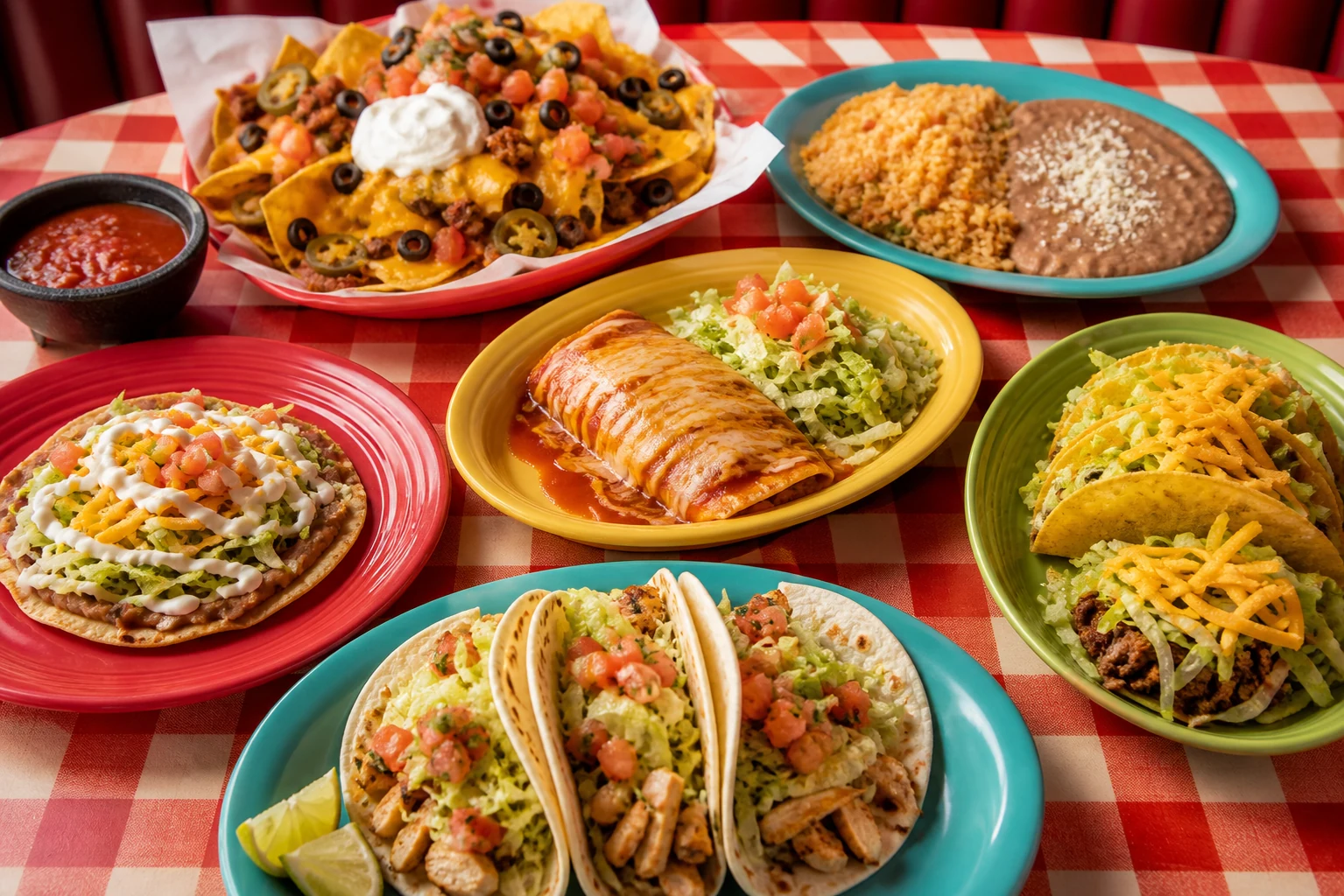 Tacos, enchilada, tostada, nachos, nasi dan kacang