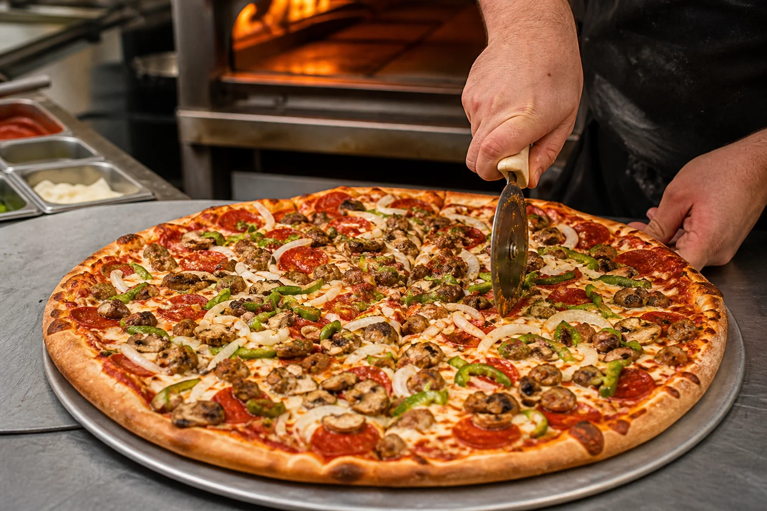 Pizza Works besar dipotong setelah keluar dari oven